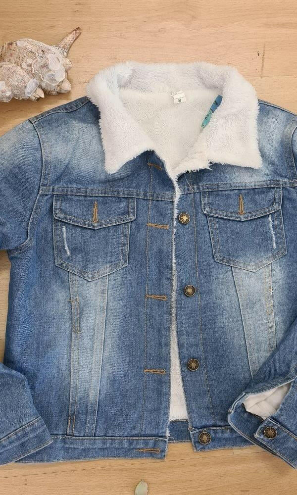 Le Gia Denim Jacket Fleece Jacaranda Blue Denim.