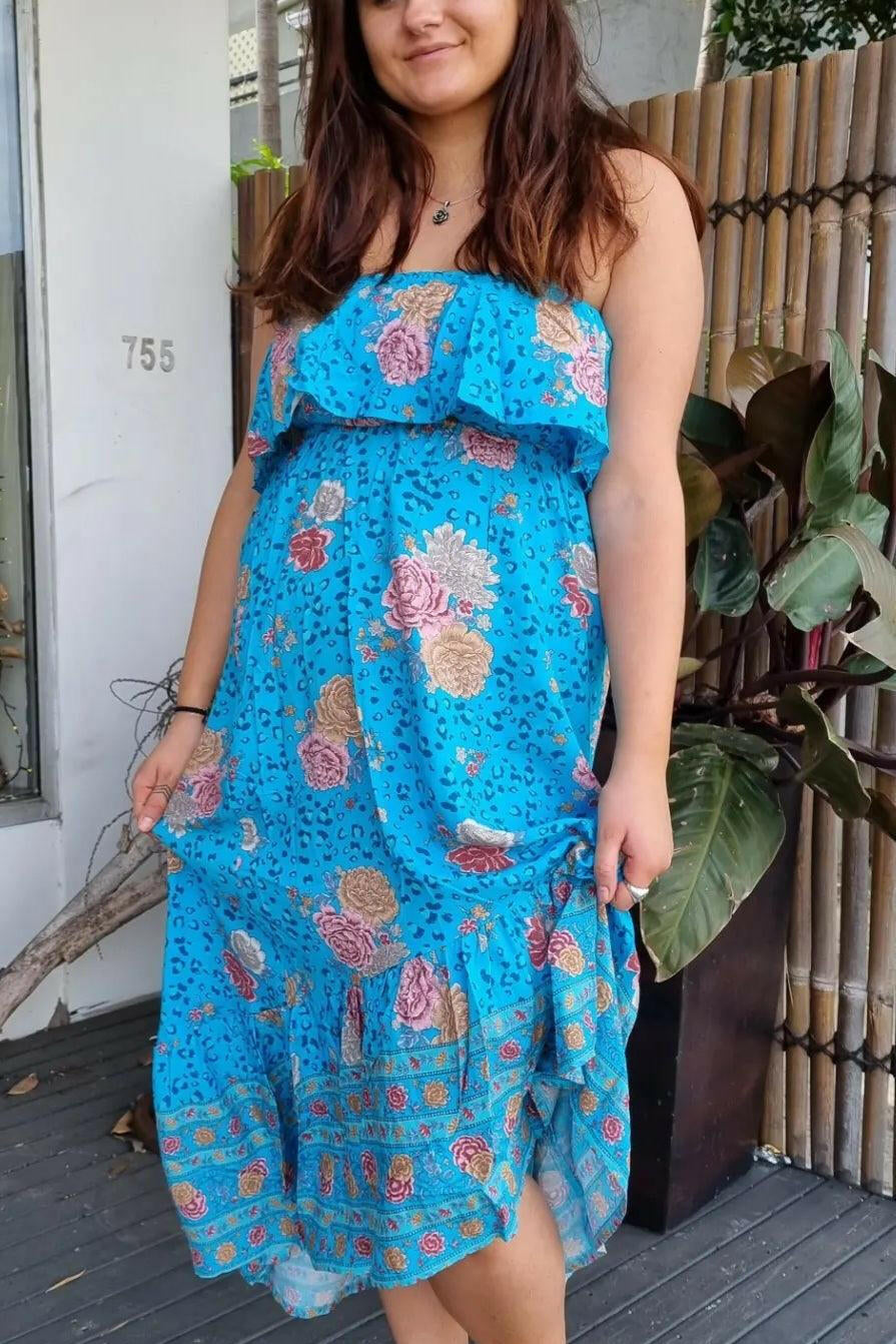 Aqua Floral Bandeau Maxi Dress 100 % Rayon.