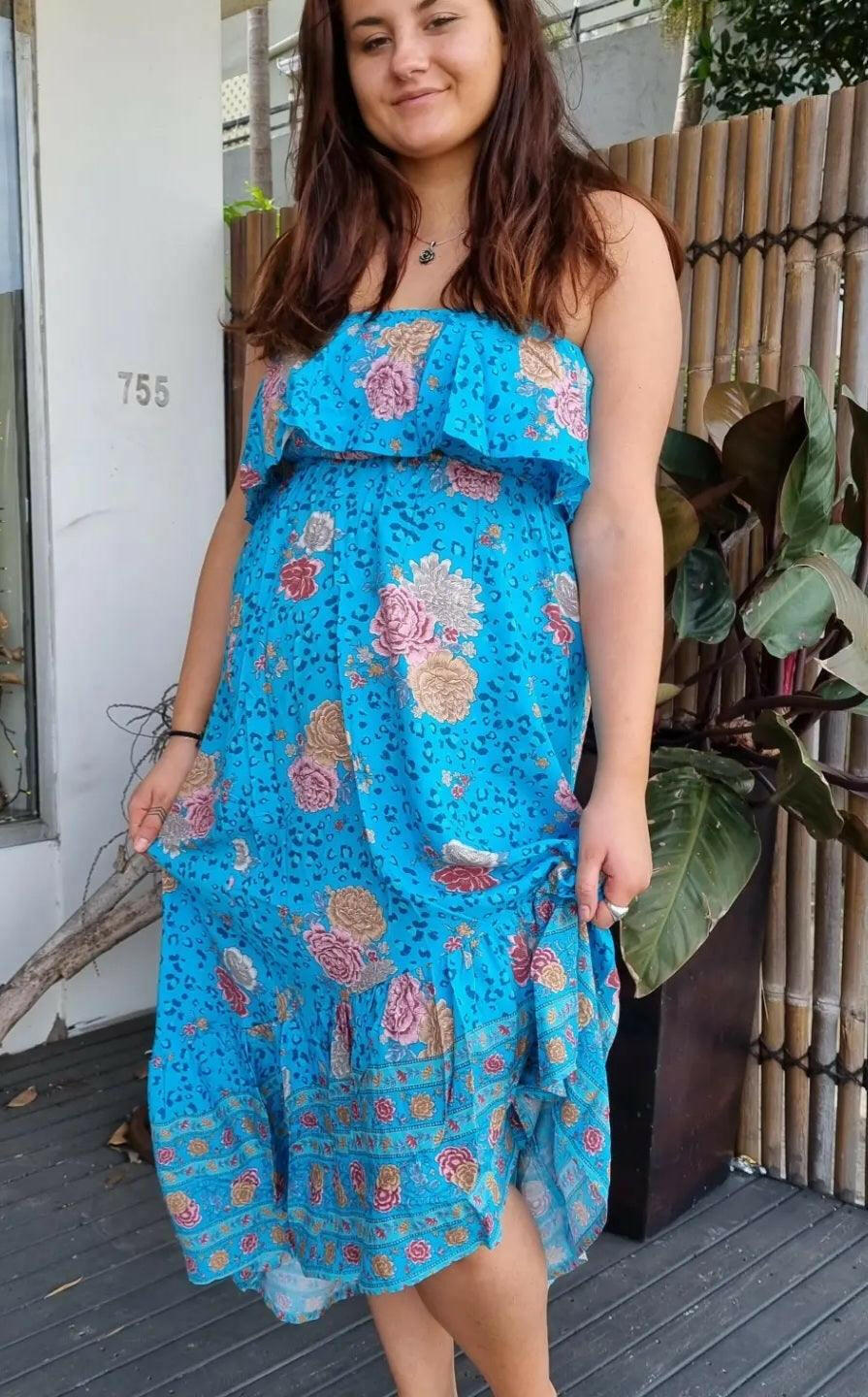 Aqua Floral Bandeau Maxi Dress 100 % Rayon.