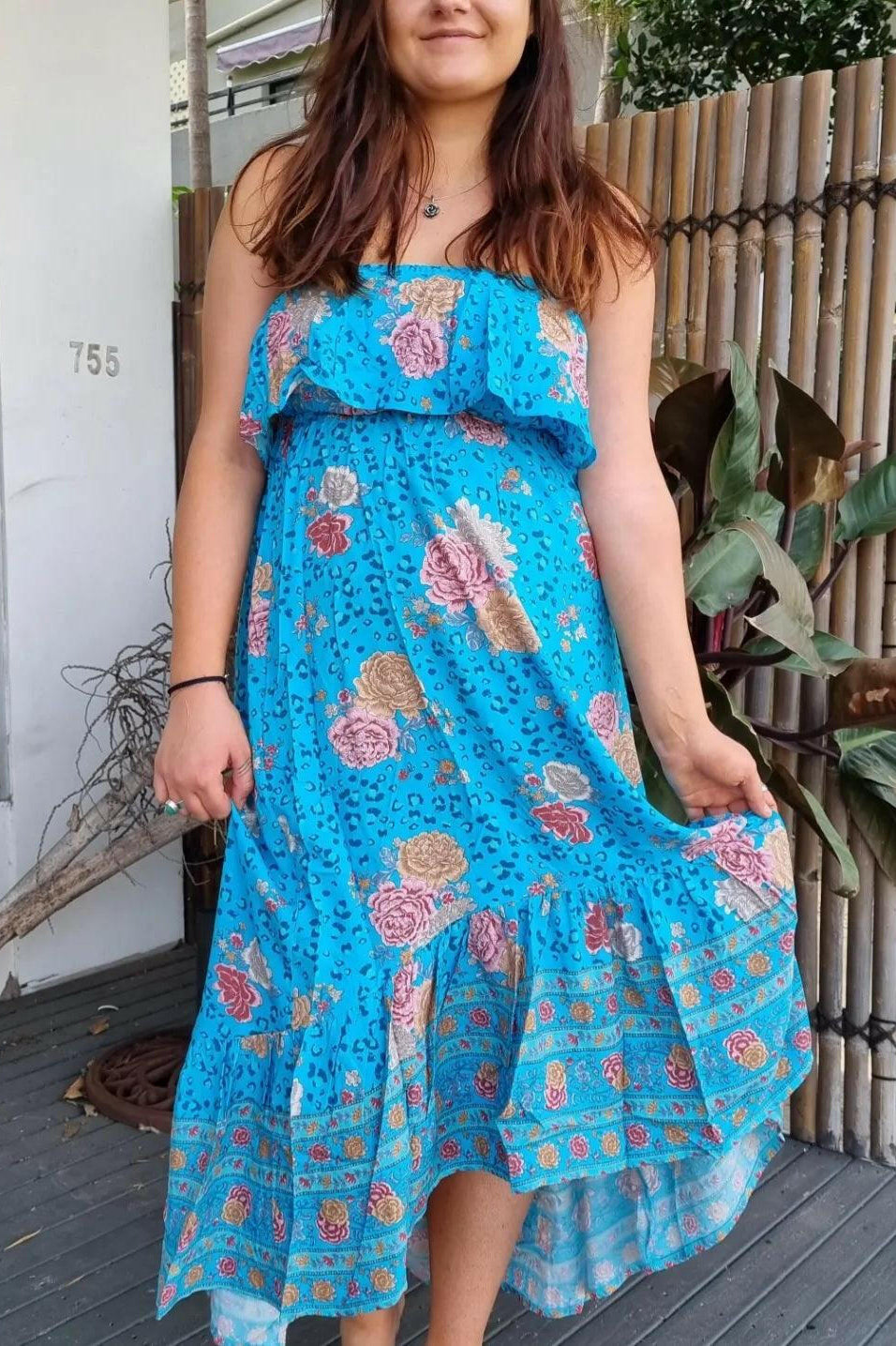 Aqua Floral Bandeau Maxi Dress 100 % Rayon.
