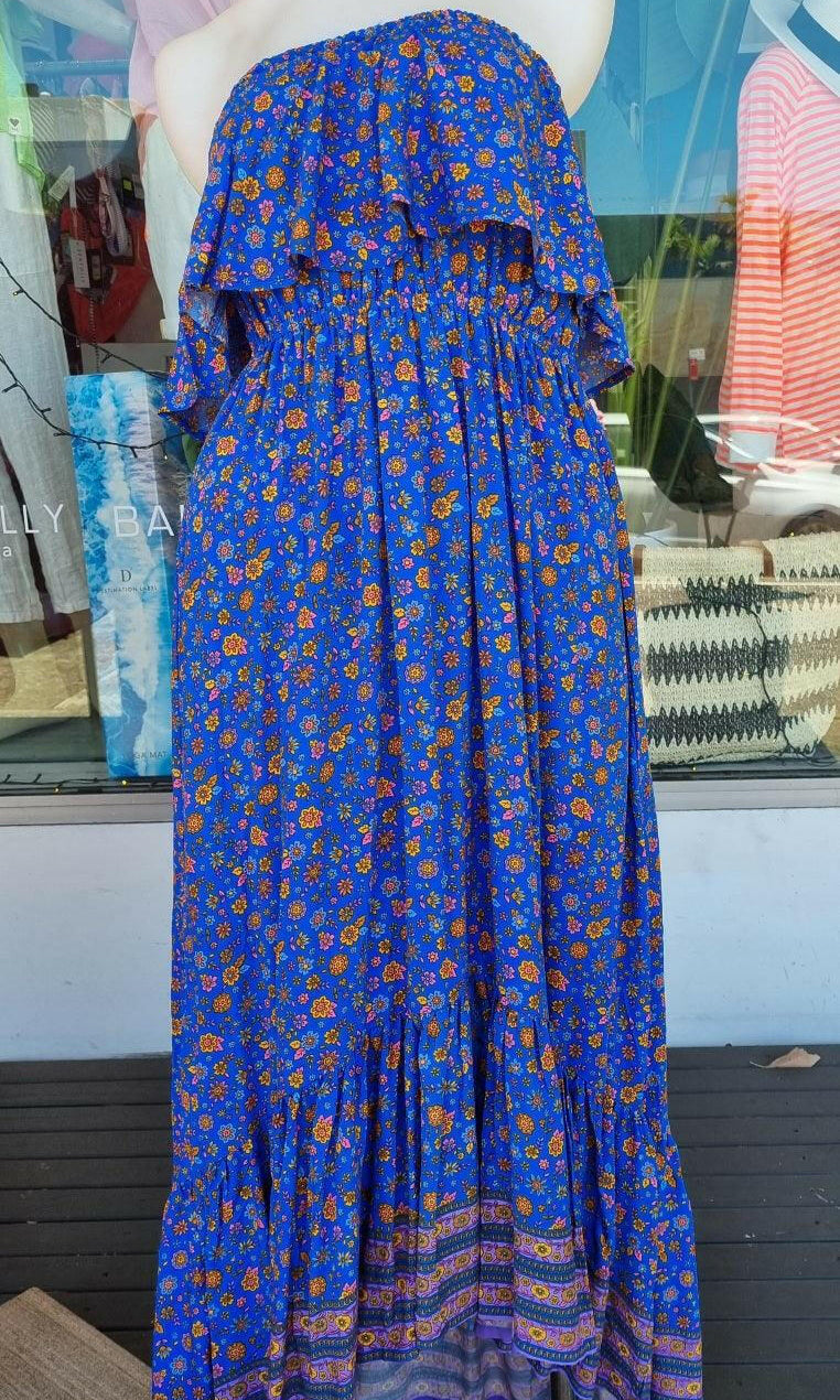 Royal Blue Floral Bandeau Maxi Dress 100 % Rayon.