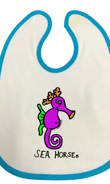 Ozi Varmints Baby Bib - White/Aqua - Seahorse.