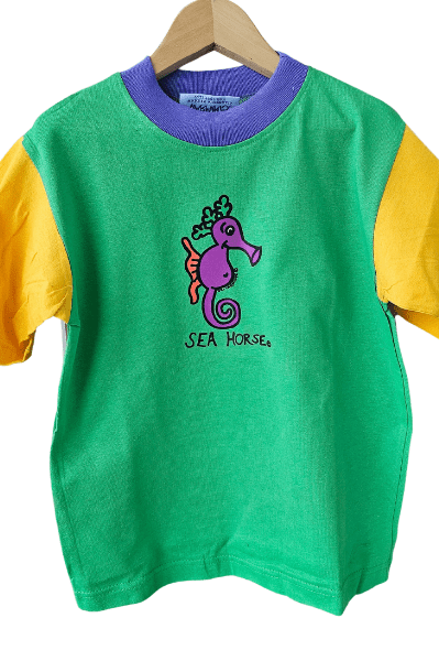 Ozi Varmints Contrast 100% Cotton T-Shirt Emerald/Sun/Purple - Seahorse.