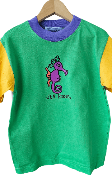Ozi Varmints Contrast 100% Cotton T-Shirt Emerald/Sun/Purple - Seahorse.
