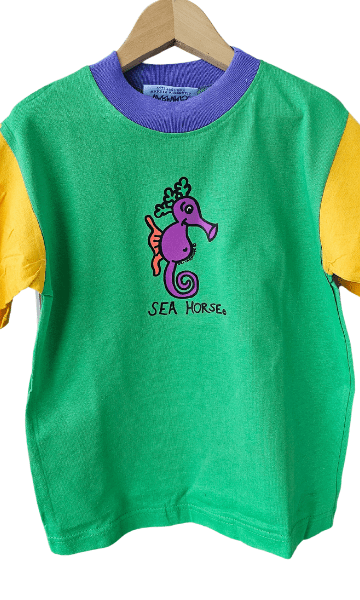 Ozi Varmints Contrast 100% Cotton T-Shirt Emerald/Sun/Purple - Seahorse.