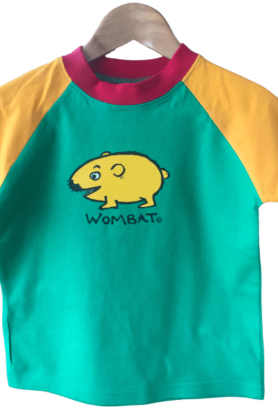 Wombat T Shirt Contrast 100% Cotton T-Shirt - Wombat Emerald Green Sun Red.