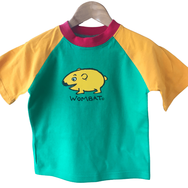 Wombat T Shirt Contrast 100% Cotton T-Shirt - Wombat Emerald Green Sun Red.