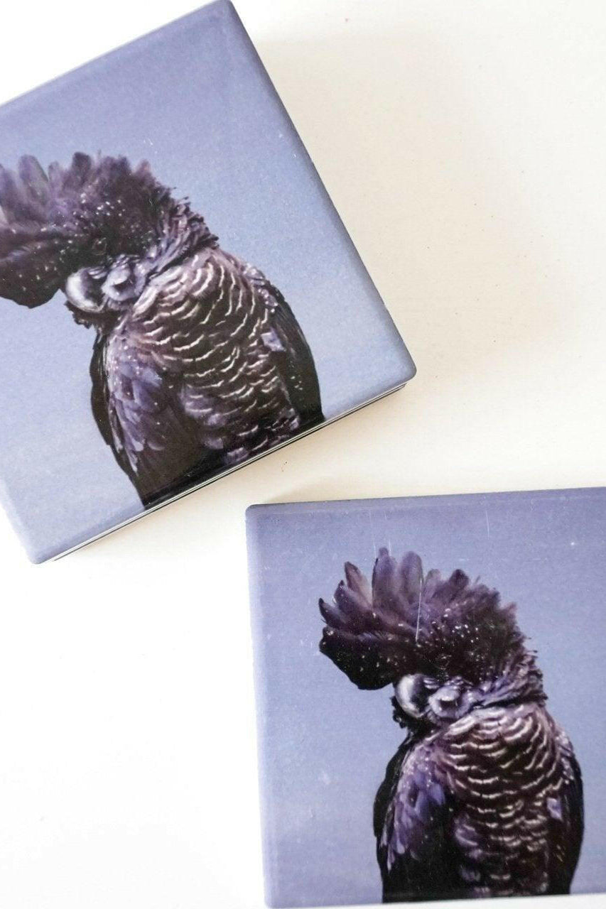 Black Cockatoo Coasters - Set of 4 Ceramic with Cork Backing.