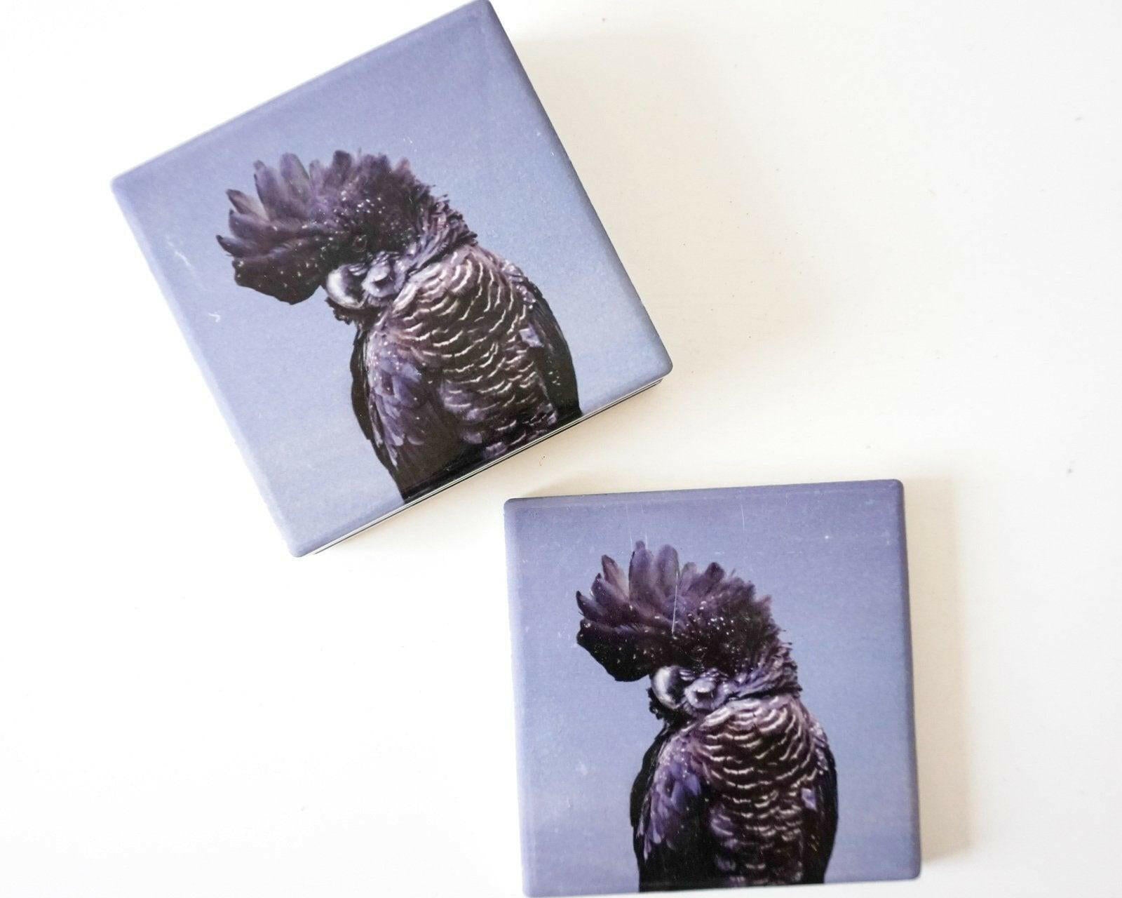 Black Cockatoo Coasters - Set of 4 Ceramic with Cork Backing.