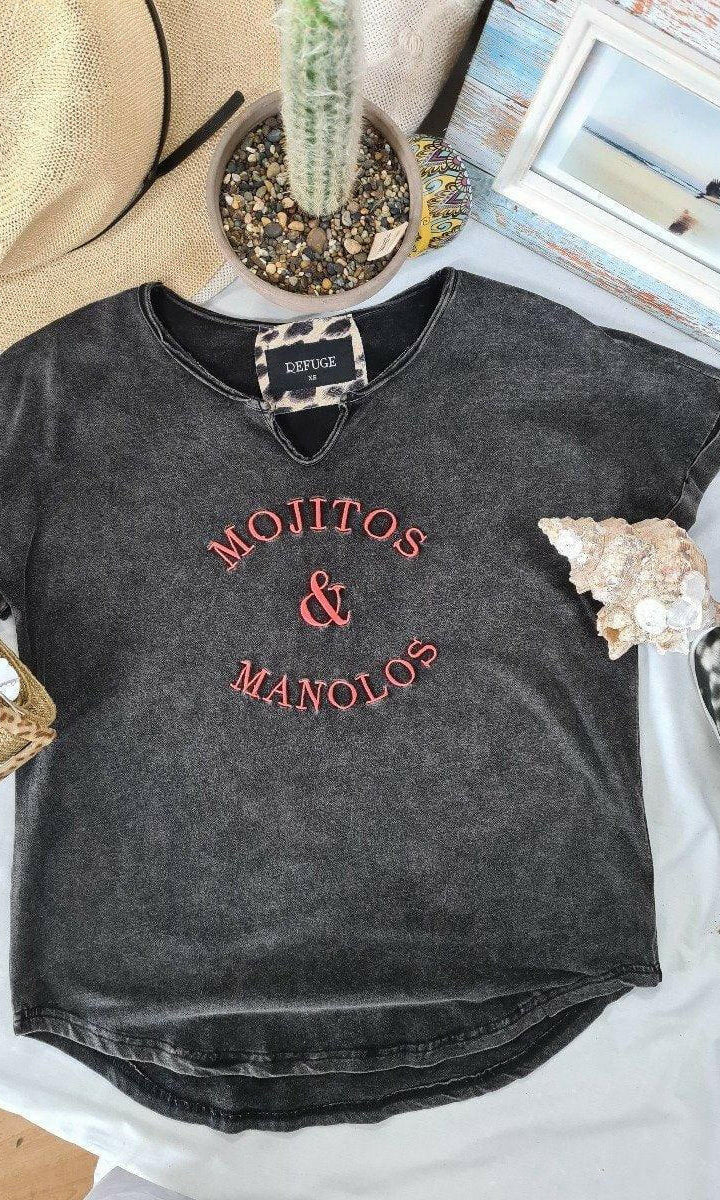 Mojitos & Manolos Charcoal V Neck T-Shirt Refuge Denim.