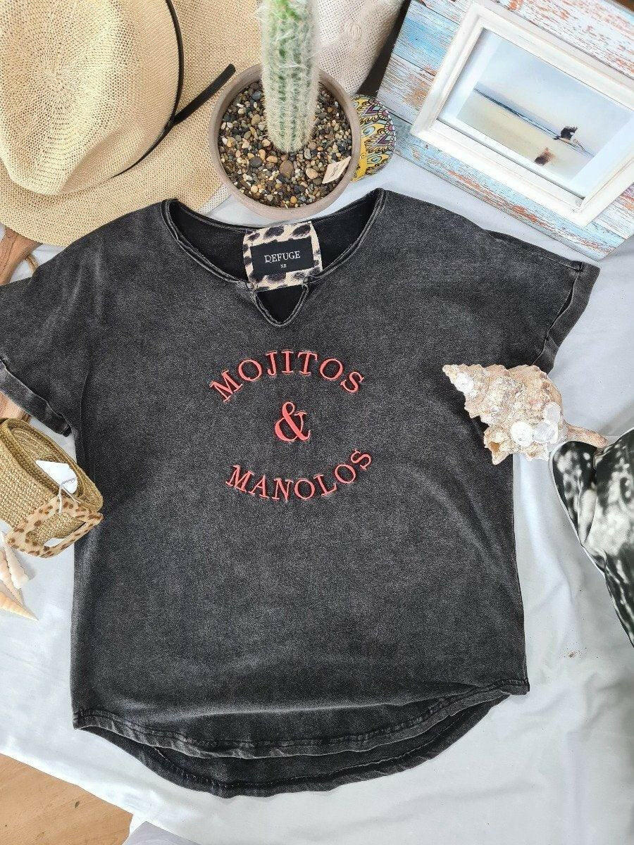 Mojitos & Manolos Charcoal V Neck T-Shirt Refuge Denim.