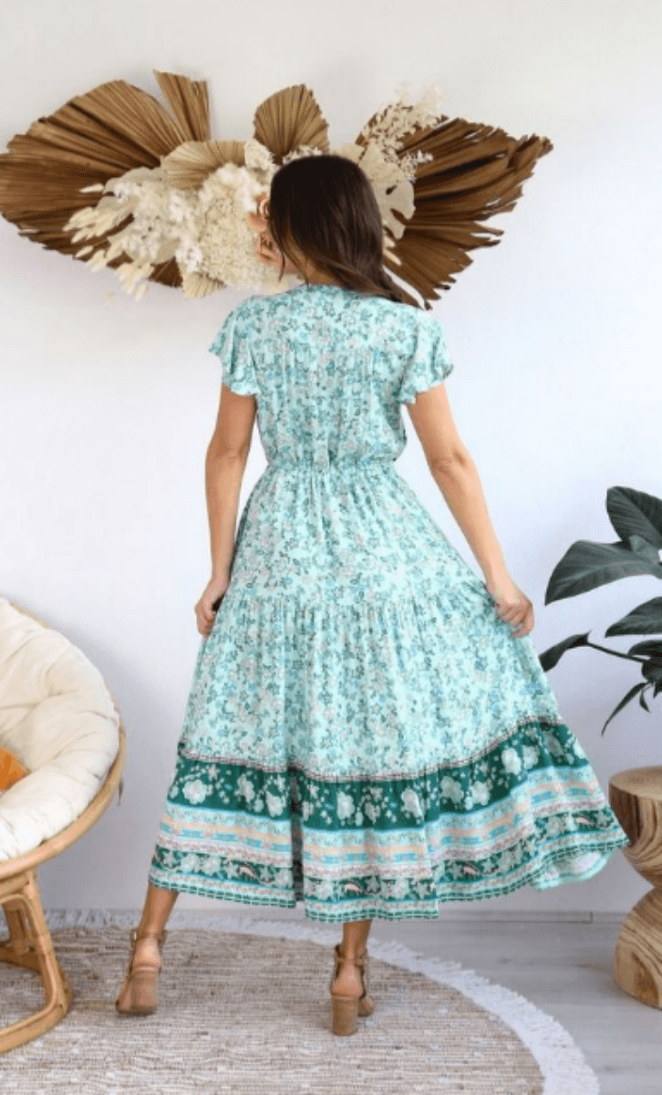 S0425-131 Salty Bright Vibrant Long Mixed Green Dress 100% Rayon.