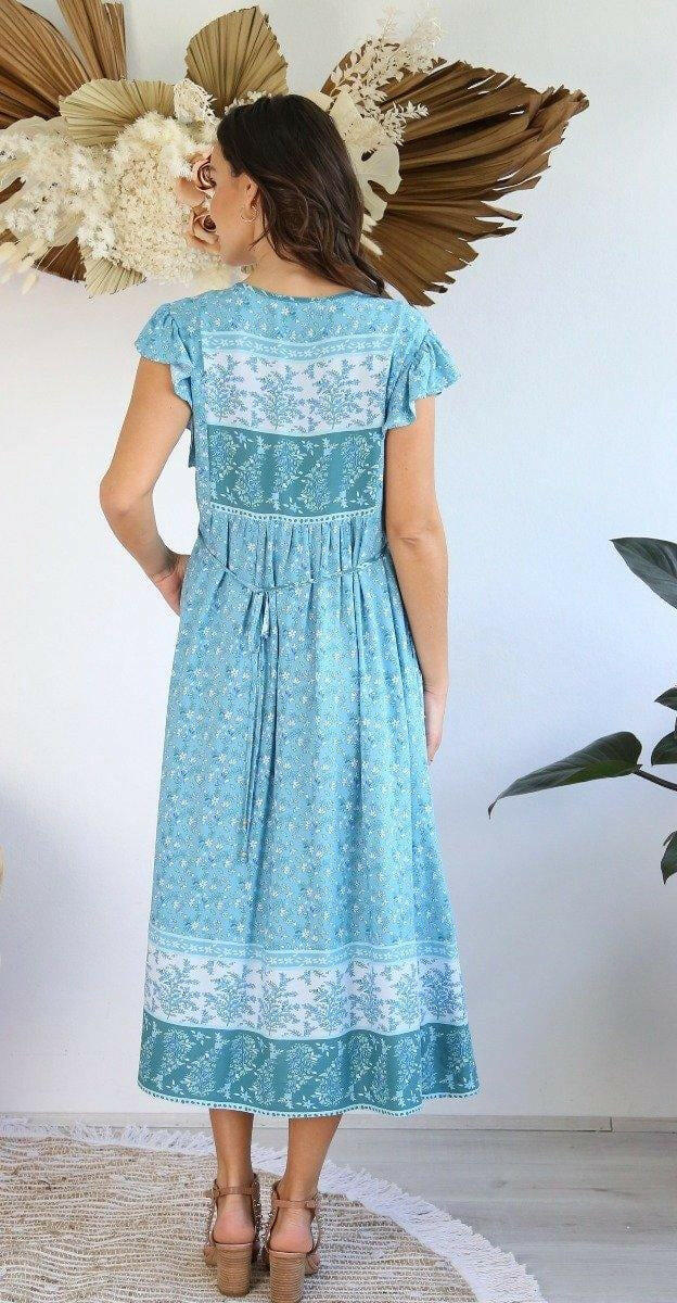 S0575A-129 Salty Bright Blue Floral Below the Knee Dress.