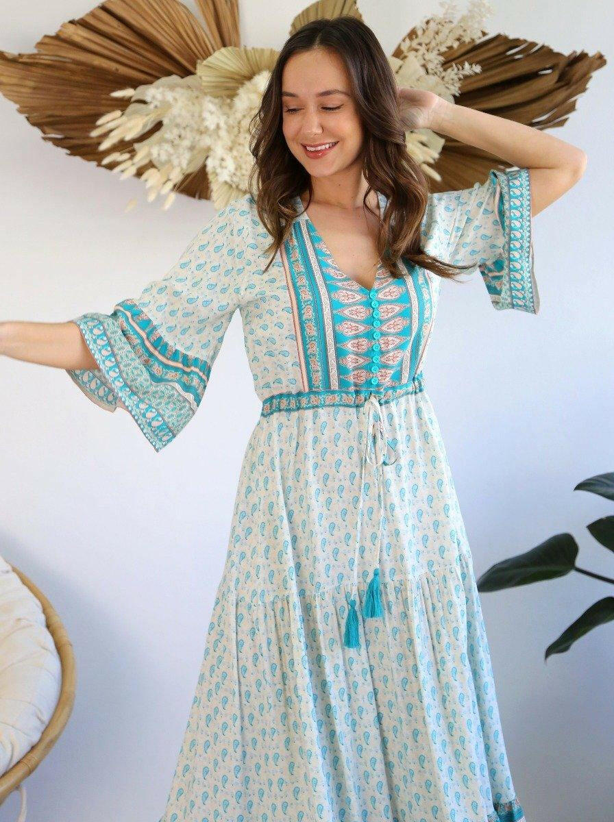 Salty Bright Cream And Turquoise Boho Dress.