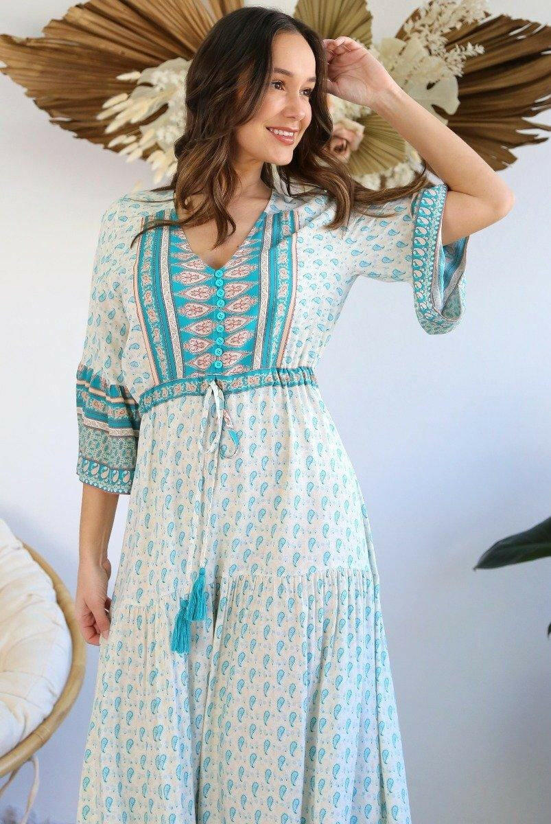 Salty Bright Cream And Turquoise Boho Dress.