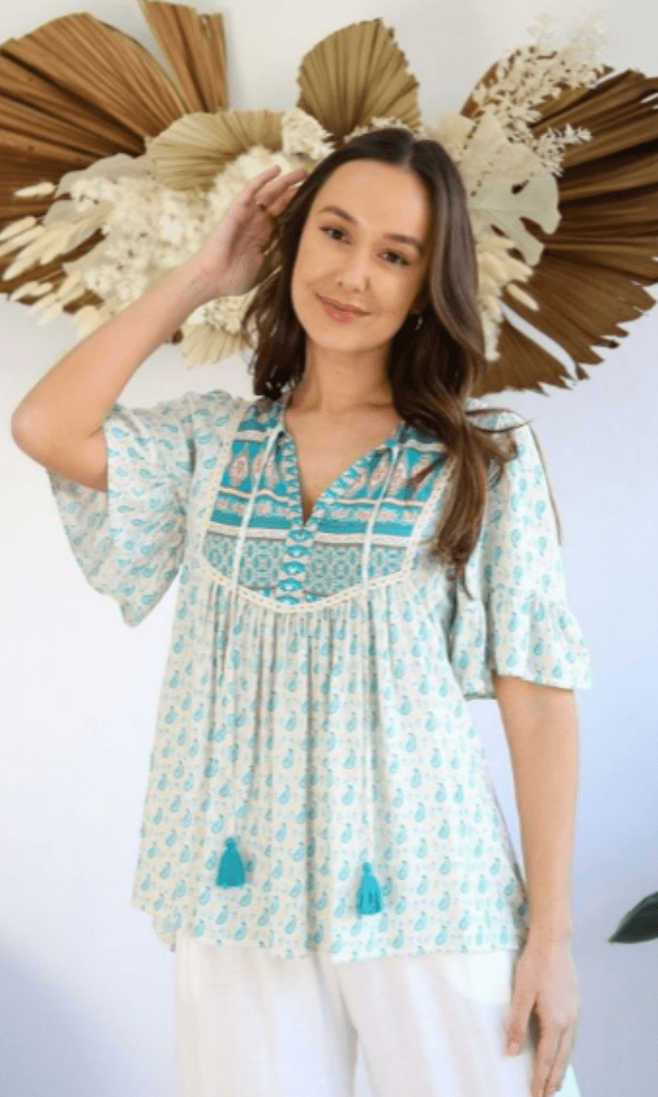 Salty Bright Teal and Cream Floral Top.