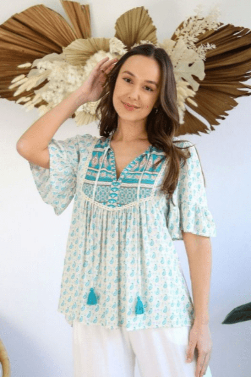 Salty Bright Teal and Cream Floral Top.