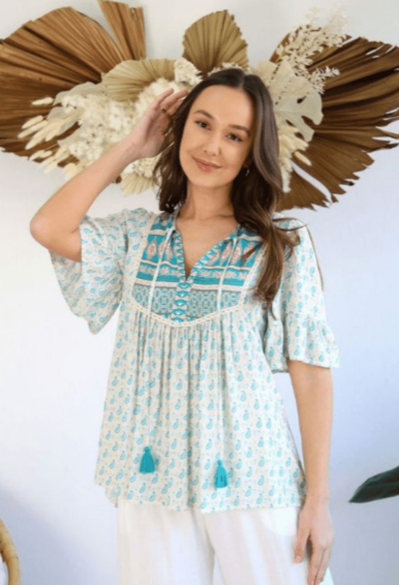 Salty Bright Teal and Cream Floral Top.