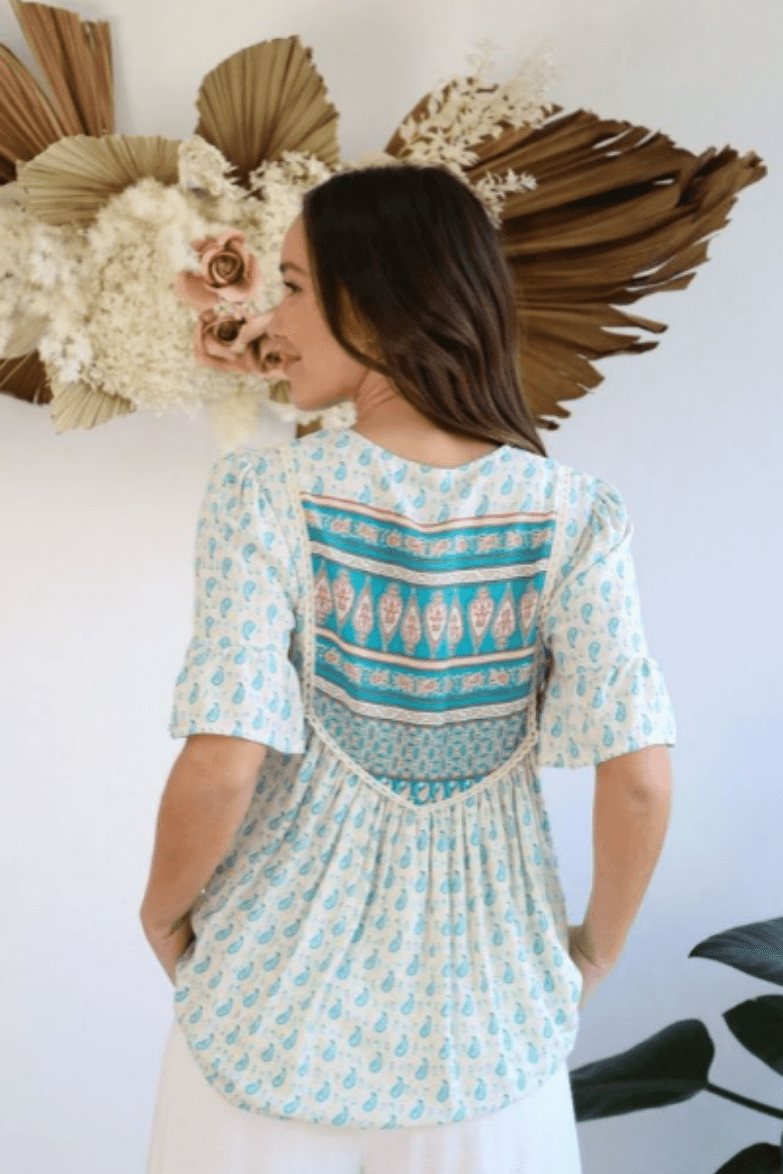 Salty Bright Teal and Cream Floral Top.