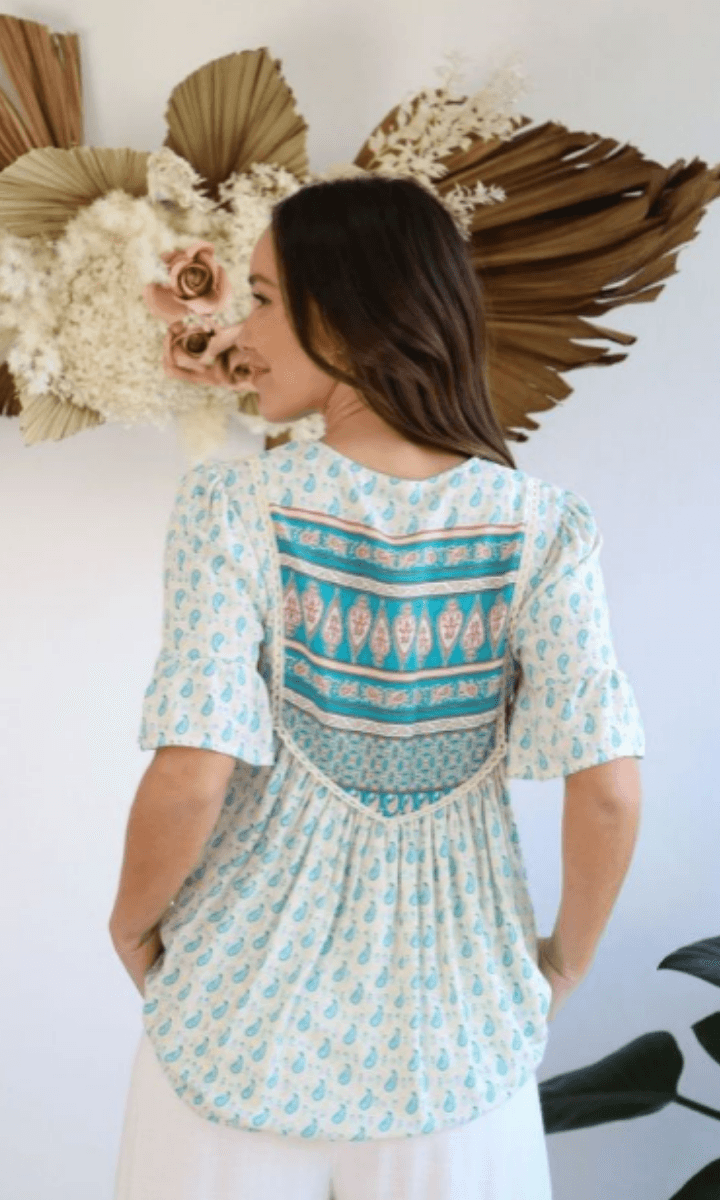 Salty Bright Teal and Cream Floral Top.