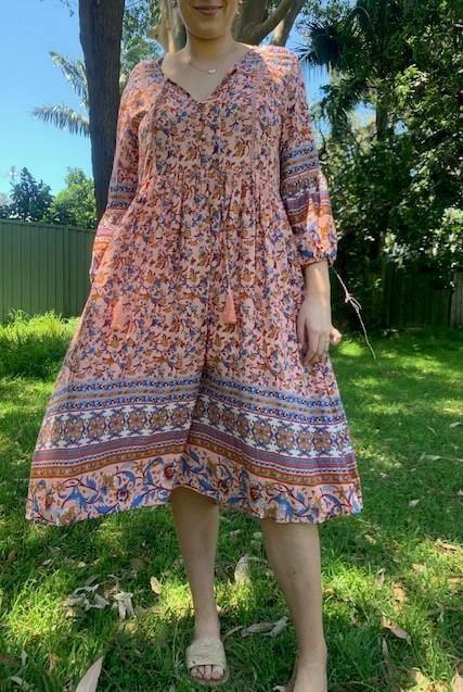 D8640PK Silver Wishes Pink Floral Long- Sleeved Dress.