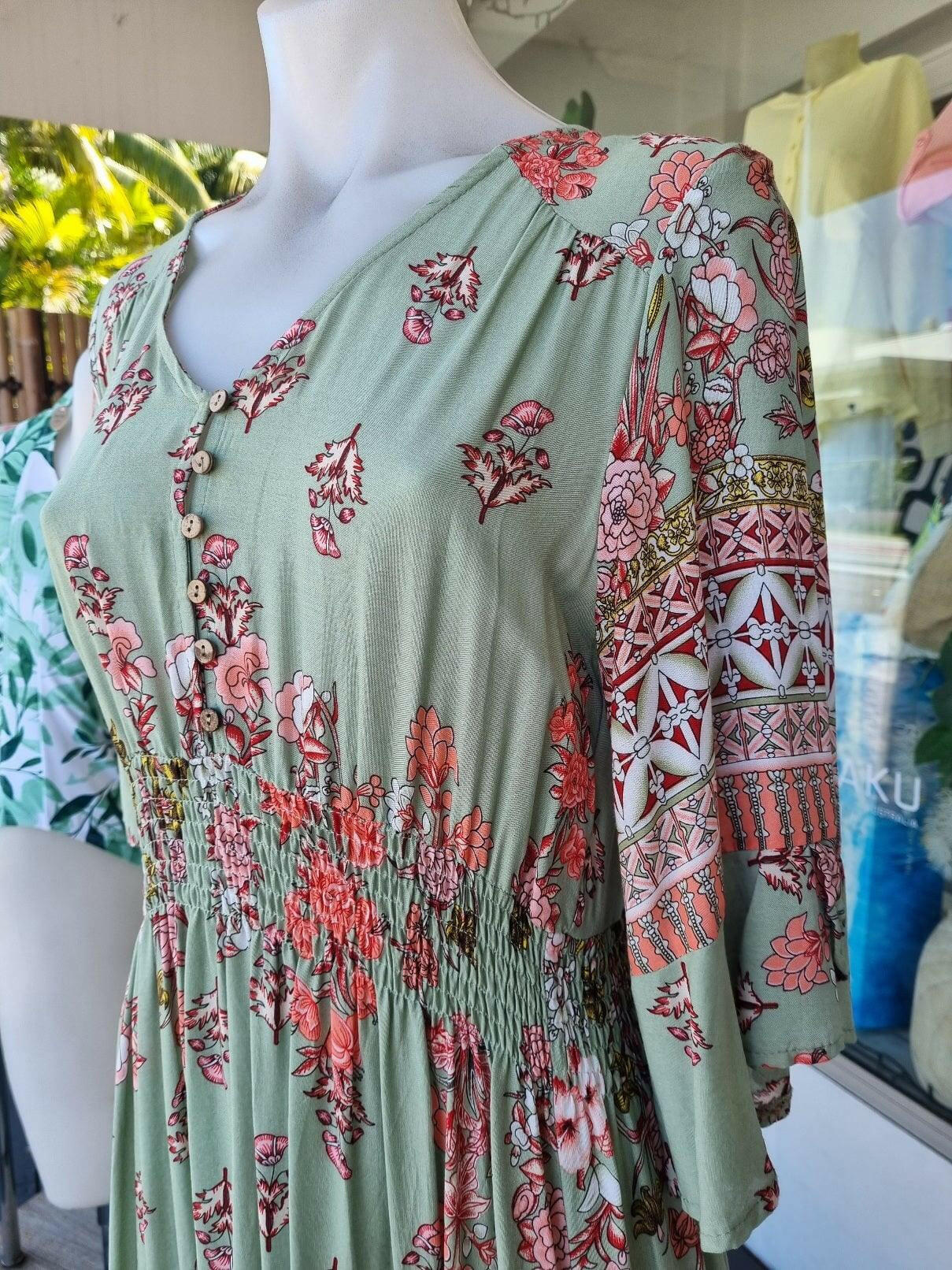 Silver Wishes D8474A Long Rayon Maxi Olive Floral Dress.