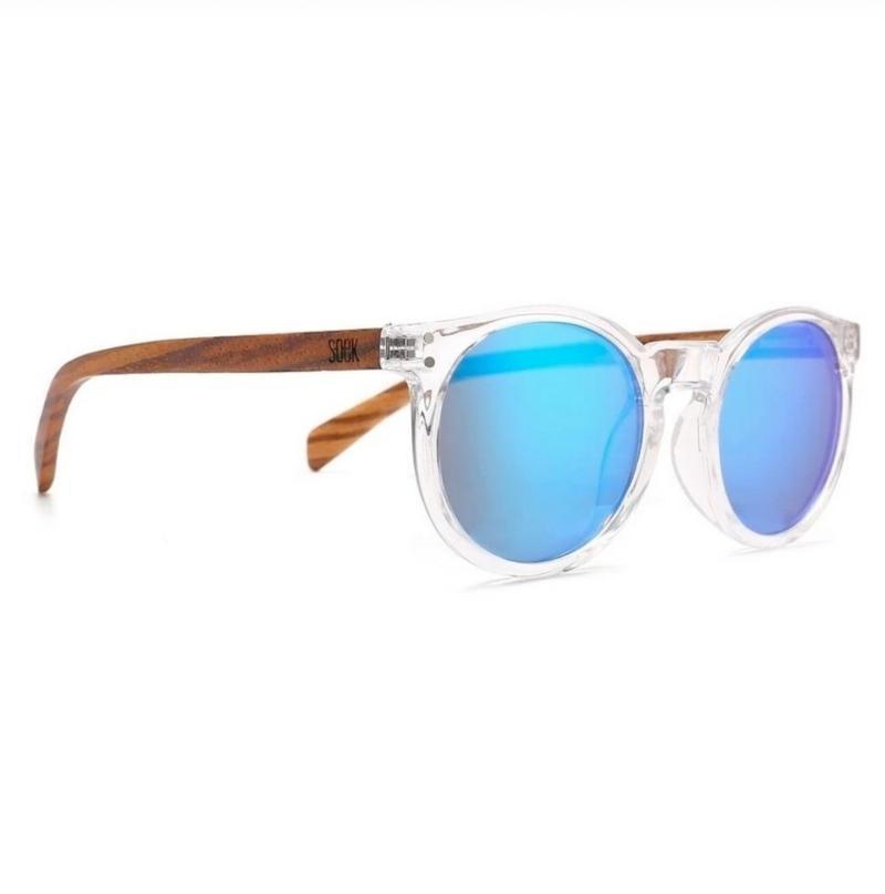 SOEK WINEGLASS BAY - Clear Framed Sustainable Sunglasses with Walnut Wooden Arms and Blue Polarized Lens - Adult Sunglasses SOEK 