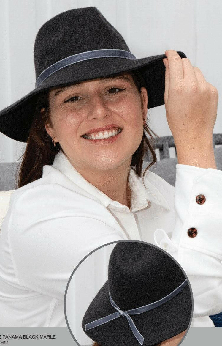 Sundaise SWH51 Rose 100% Wool Felt Panama Hat - Black Marle.