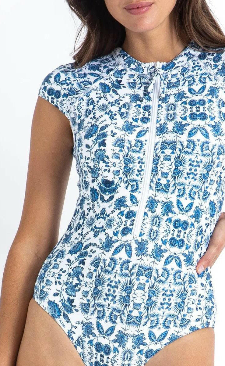 Sunseeker Bluebird Ocean Sport Cap Sleeve Mastectomy One Piece White.