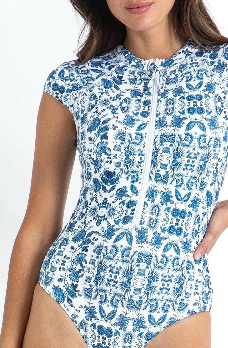 Sunseeker Bluebird Ocean Sport Cap Sleeve Mastectomy One Piece White.