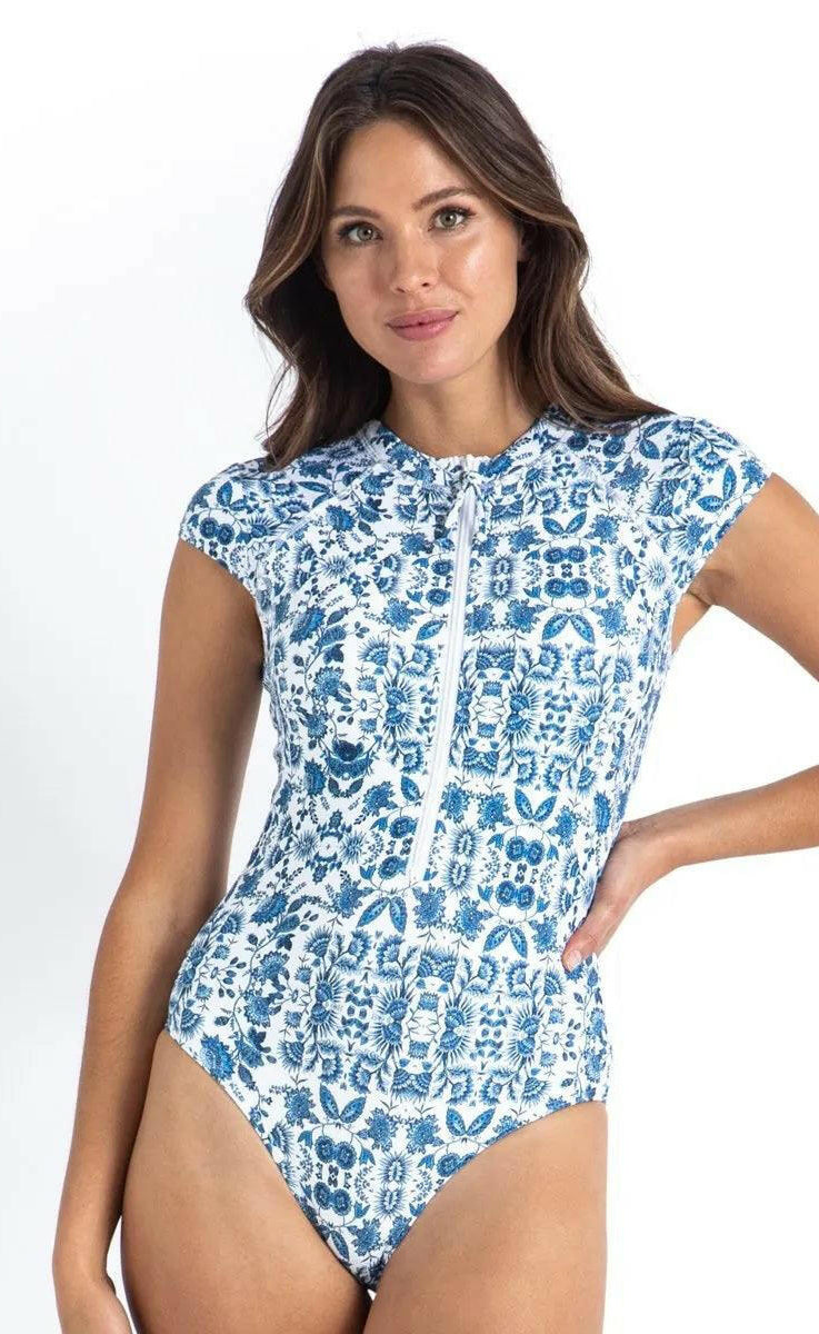 Sunseeker Bluebird Ocean Sport Cap Sleeve Mastectomy One Piece White.