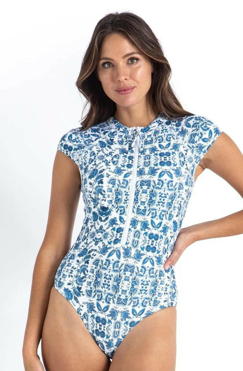 Sunseeker Bluebird Ocean Sport Cap Sleeve Mastectomy One Piece White.