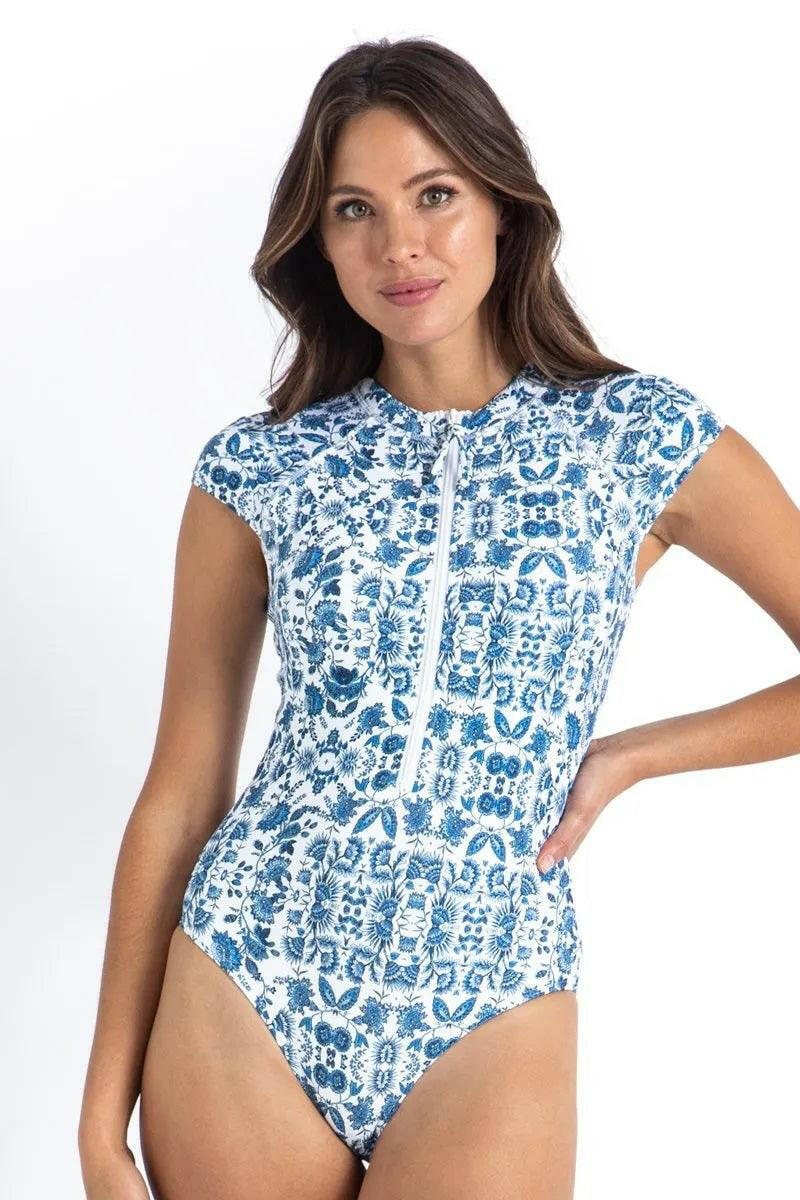 Sunseeker Bluebird Ocean Sport Cap Sleeve Mastectomy One Piece White.