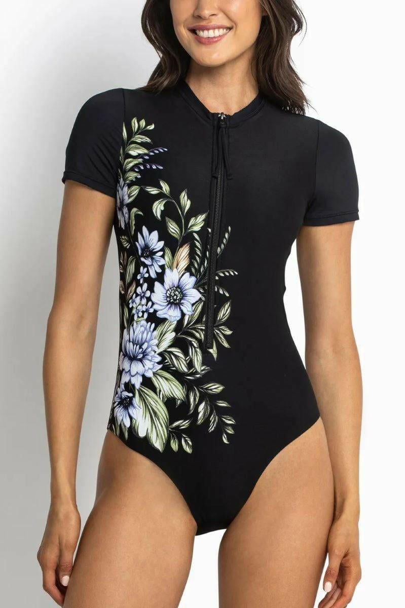 Sunseeker Botanical Surfsuit Short Sleeve One Piece Black.