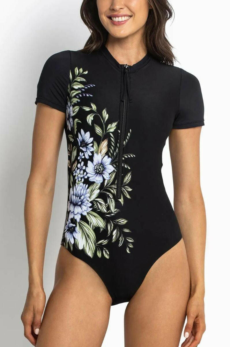 Sunseeker Botanical Surfsuit Short Sleeve One Piece Black.