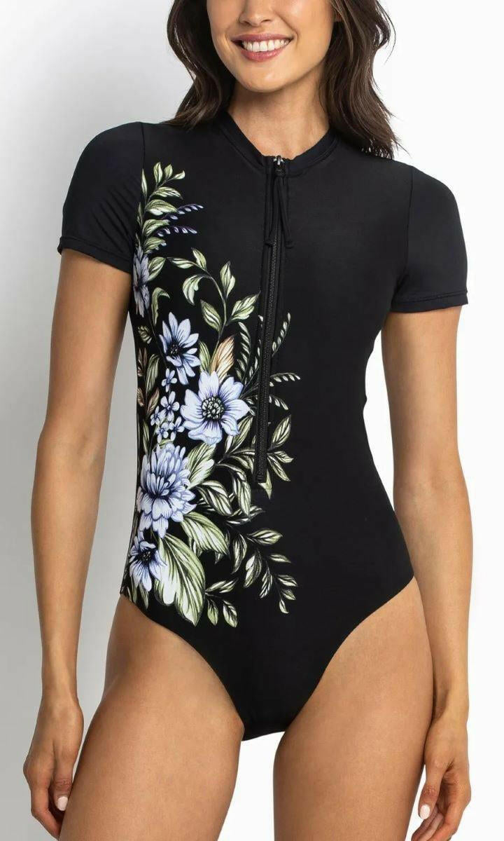 Sunseeker Botanical Surfsuit Short Sleeve One Piece Black.