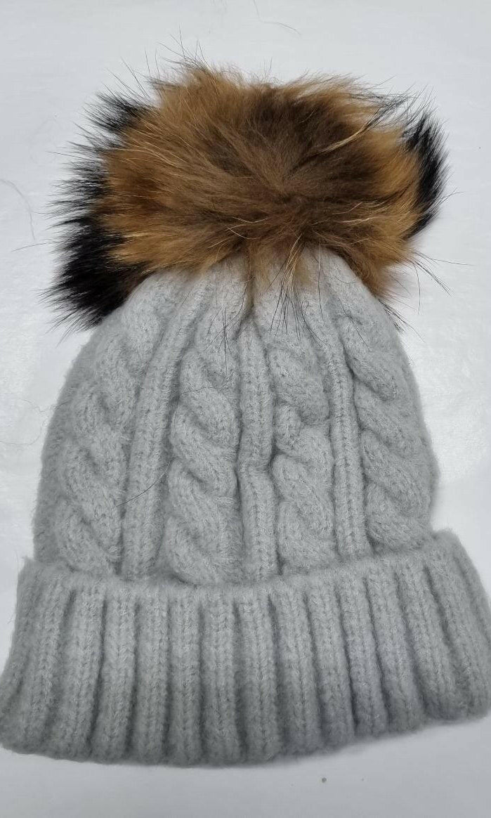Cable Knit Wool Beanie with Real Fur Pom Pom.