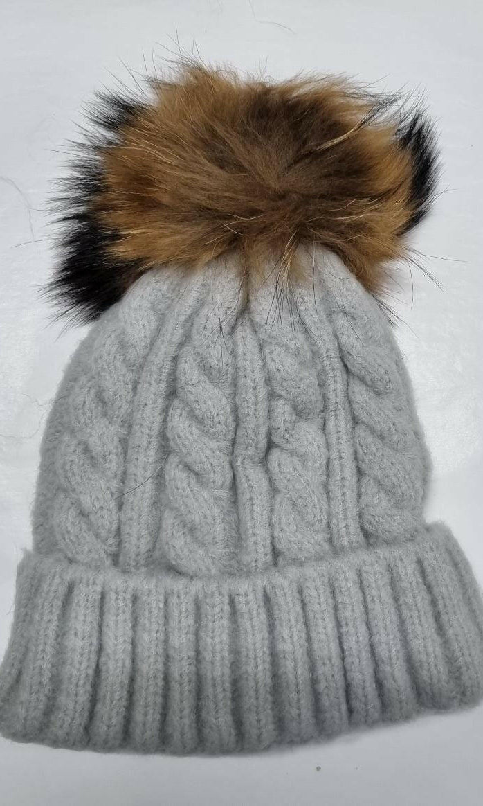 Cable Knit Wool Beanie with Real Fur Pom Pom.