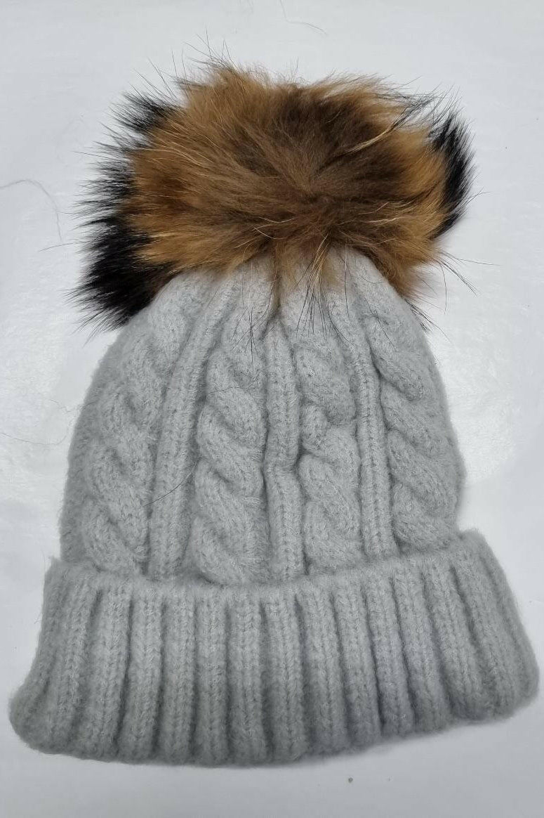 Cable Knit Wool Beanie with Real Fur Pom Pom.