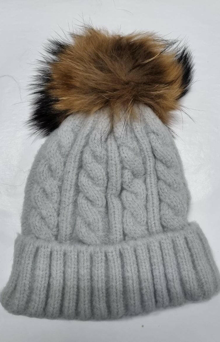 Cable Knit Wool Beanie with Real Fur Pom Pom.
