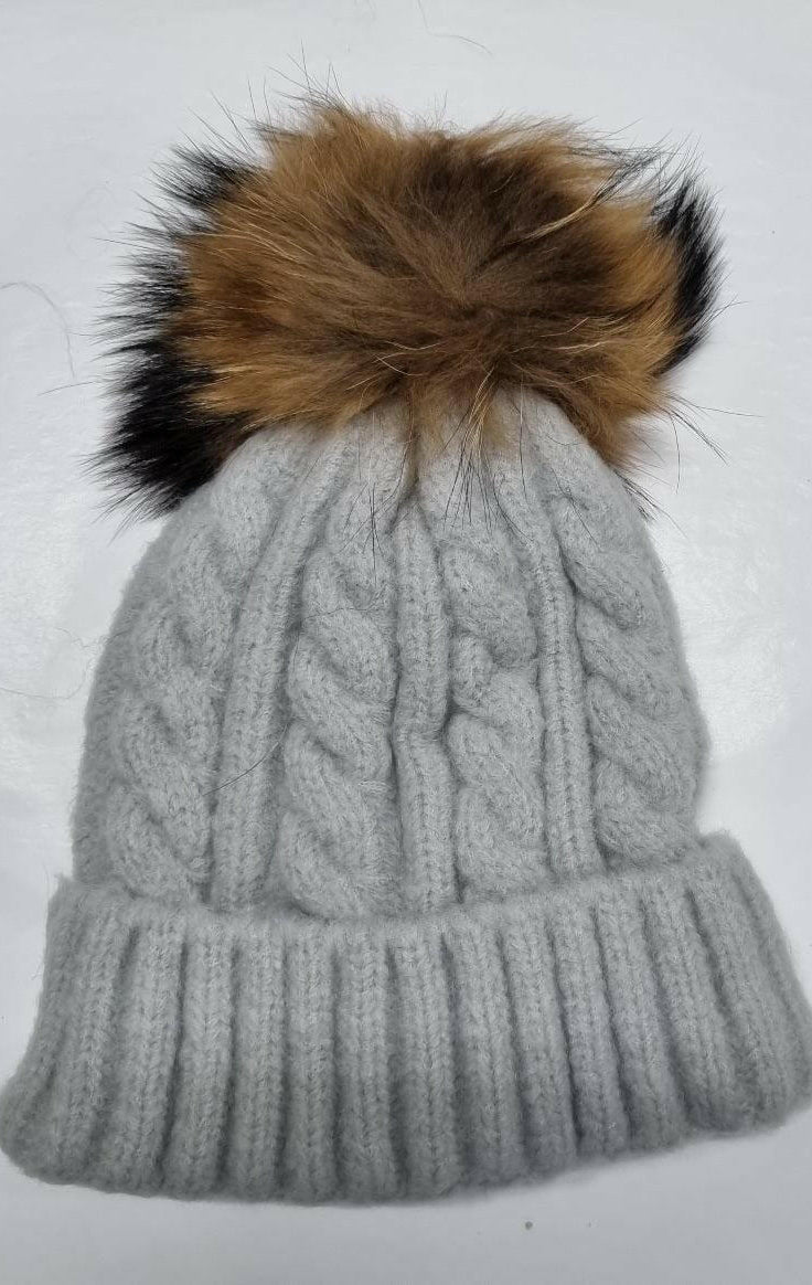 Cable Knit Wool Beanie with Real Fur Pom Pom.