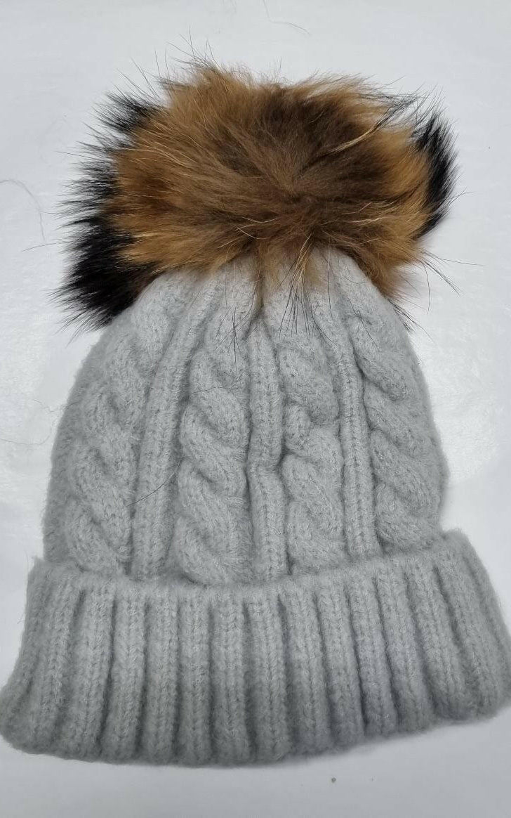 Cable Knit Wool Beanie with Real Fur Pom Pom.