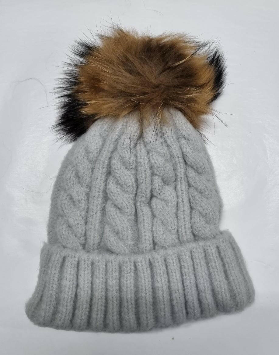 Cable Knit Wool Beanie with Real Fur Pom Pom.