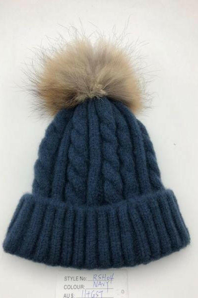 Cable Knit Wool Beanie with Real Fur Pom Pom.