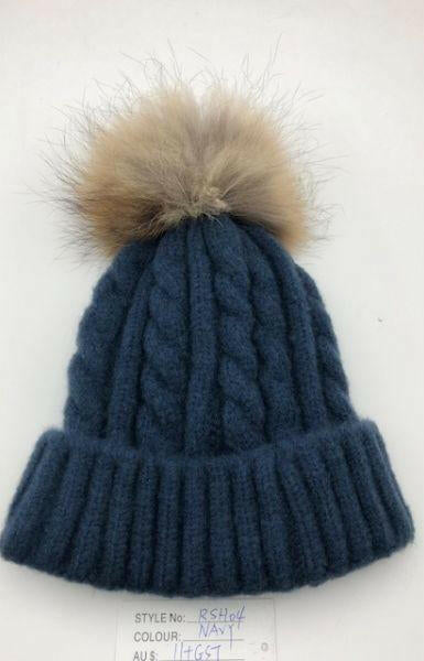 Cable Knit Wool Beanie with Real Fur Pom Pom.