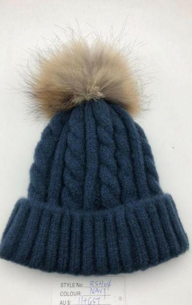 Cable Knit Wool Beanie with Real Fur Pom Pom.