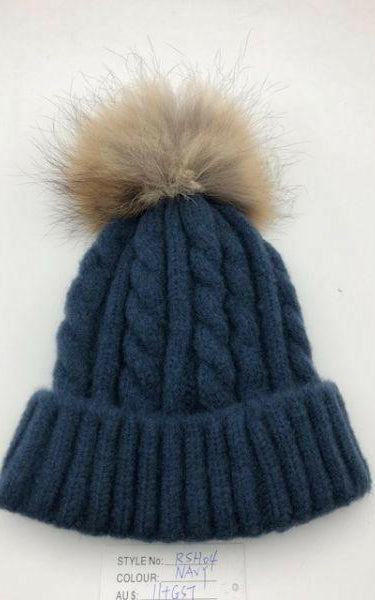 Cable Knit Wool Beanie with Real Fur Pom Pom.