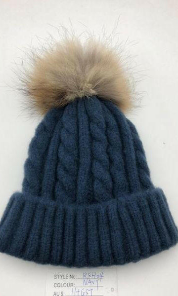 Cable Knit Wool Beanie with Real Fur Pom Pom.