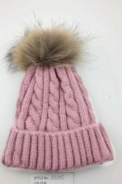 Cable Knit Wool Beanie with Real Fur Pom Pom.