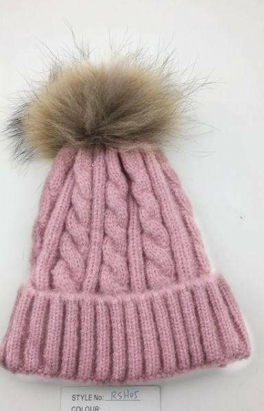Cable Knit Wool Beanie with Real Fur Pom Pom.